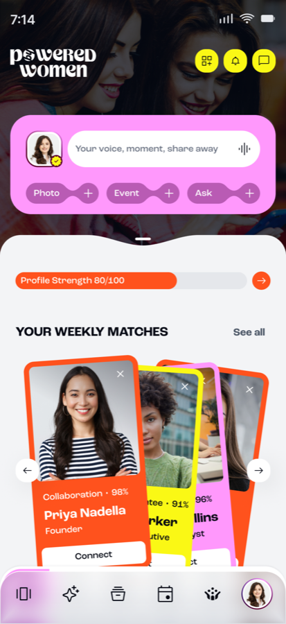 Powered by Women app screen showing matches