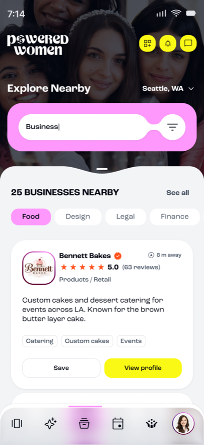 Powered by Women app screen showing events